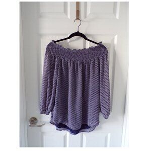 Michael Kors Blue & White Off the Shoulder Printed Long Sleeve Top Size Small